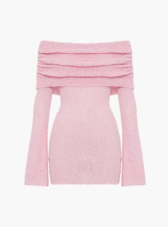 Off Shoulder Glitter Knit Bell Sleeve Bodycon Mini Dress