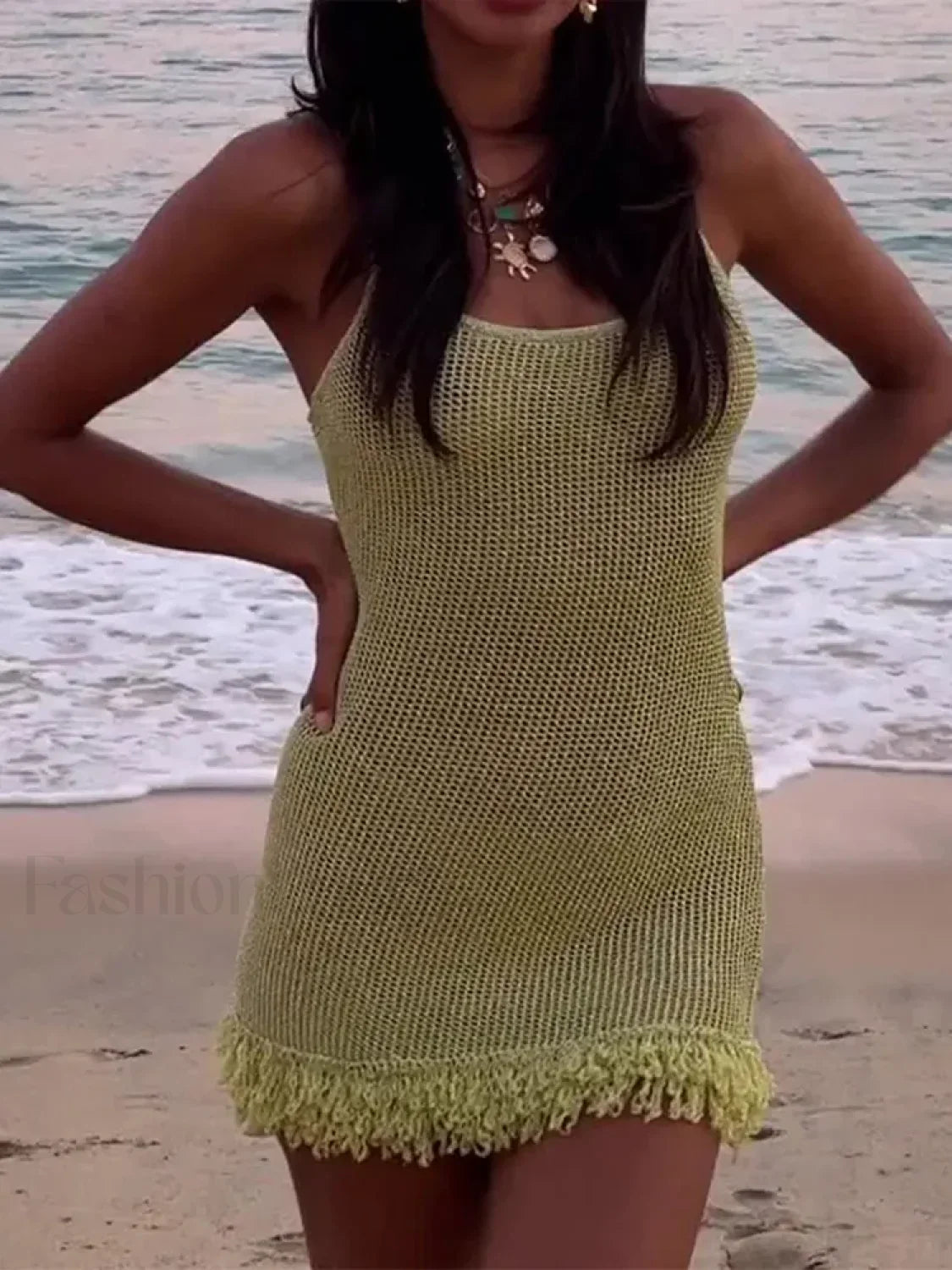 Green Sequin Tassel Hem Mini Dress