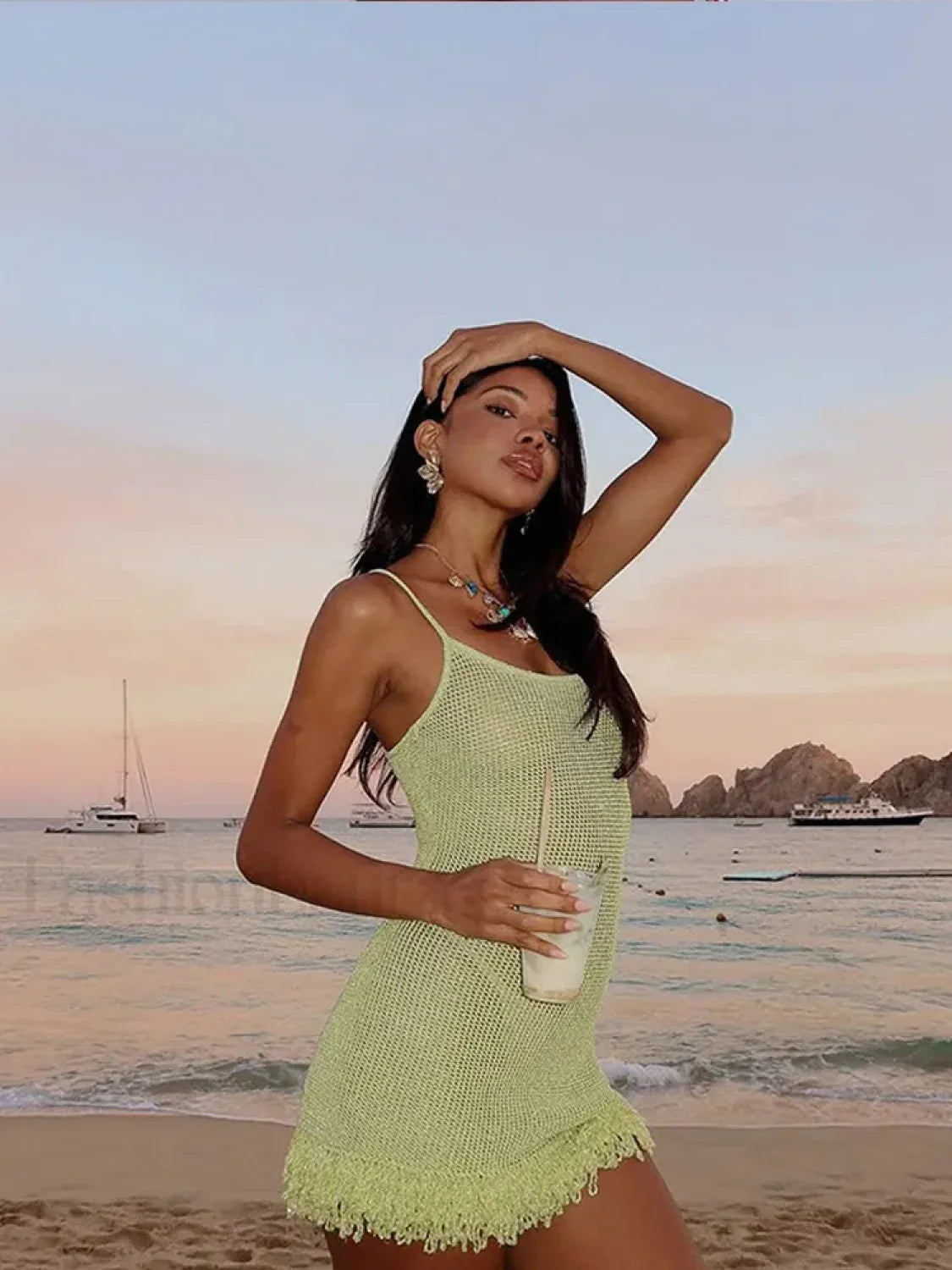 Green Sequin Tassel Hem Mini Dress