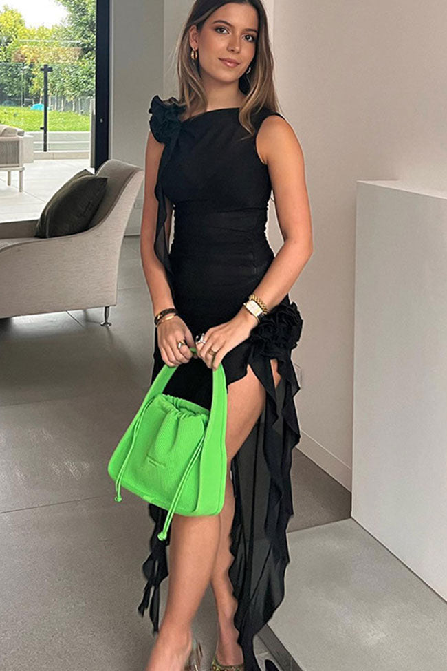 One Shoulder 3D Floral Ruffle Strap Ruched Mesh High Low Mini Dress