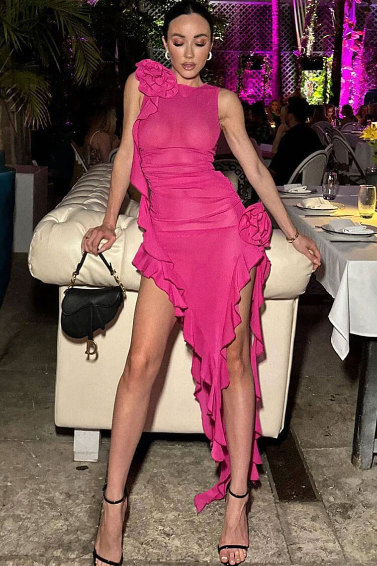 3D Floral Applique Mesh Sleeveless Asymmetric Ruffle Hem High Split Midi Dress
