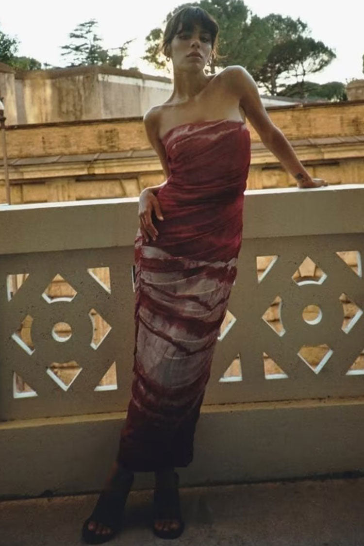 Strapless Ruched Tie Dye Marble Print Bodycon Maxi Dress