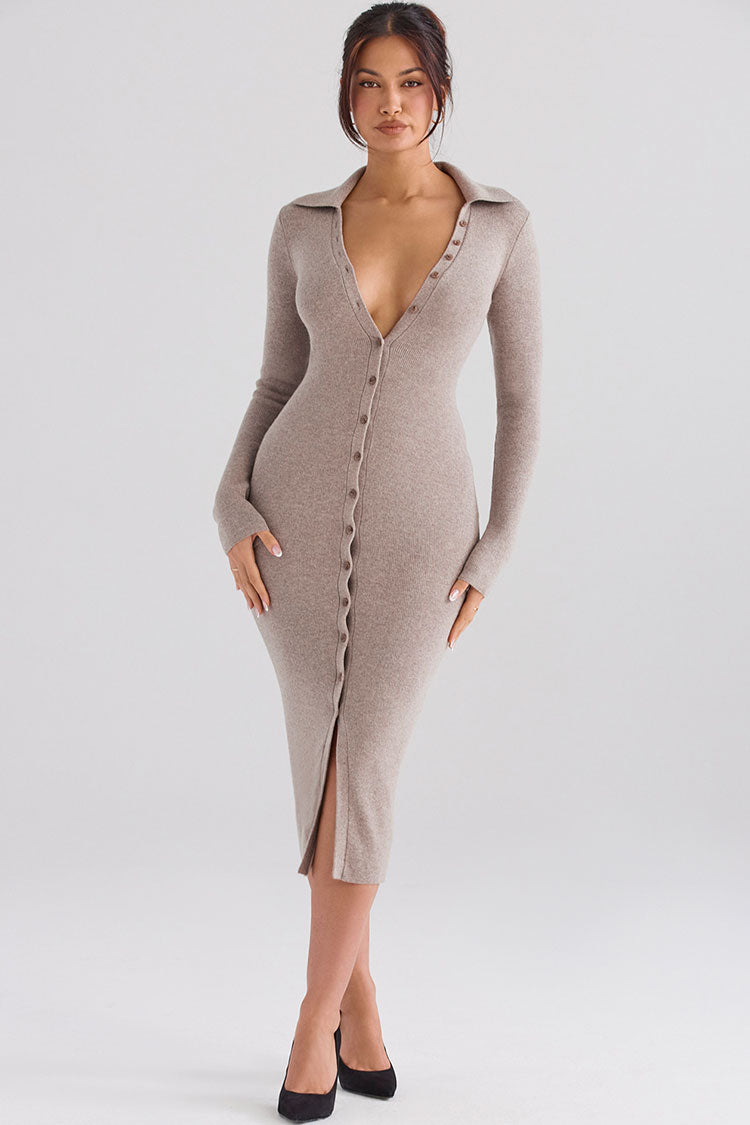 Collared Button Down Rib Knit Deep V-Neck Bodycon Midi Dress