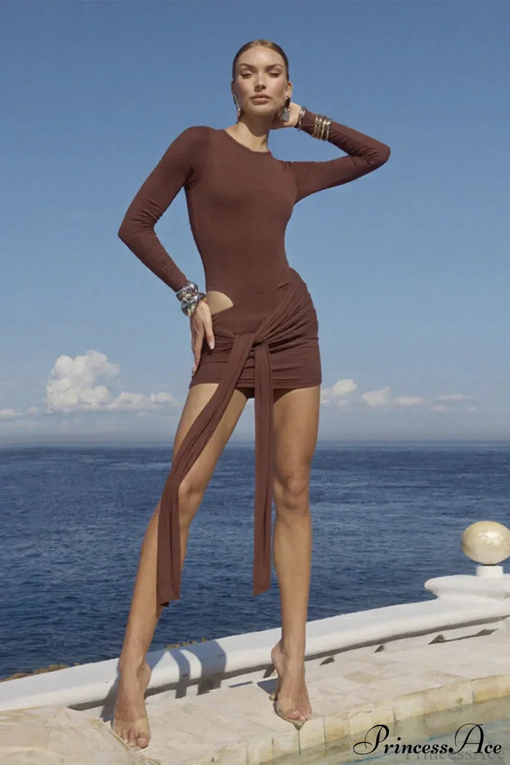 Boat Neck Long Sleeve Bodycon Mini Dress and Wrap Knot Mini Skirt Set
