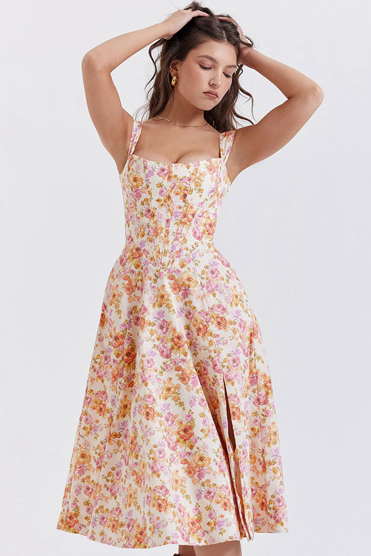 Floral Print Corset Square Neck Wide Strap High Split Midi Dress