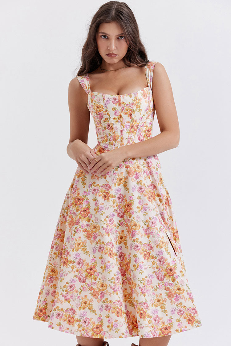 Floral Print Corset Square Neck Wide Strap High Split Midi Dress