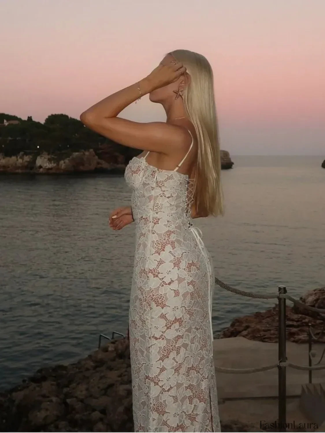 White Lace Splicing Floral Dress