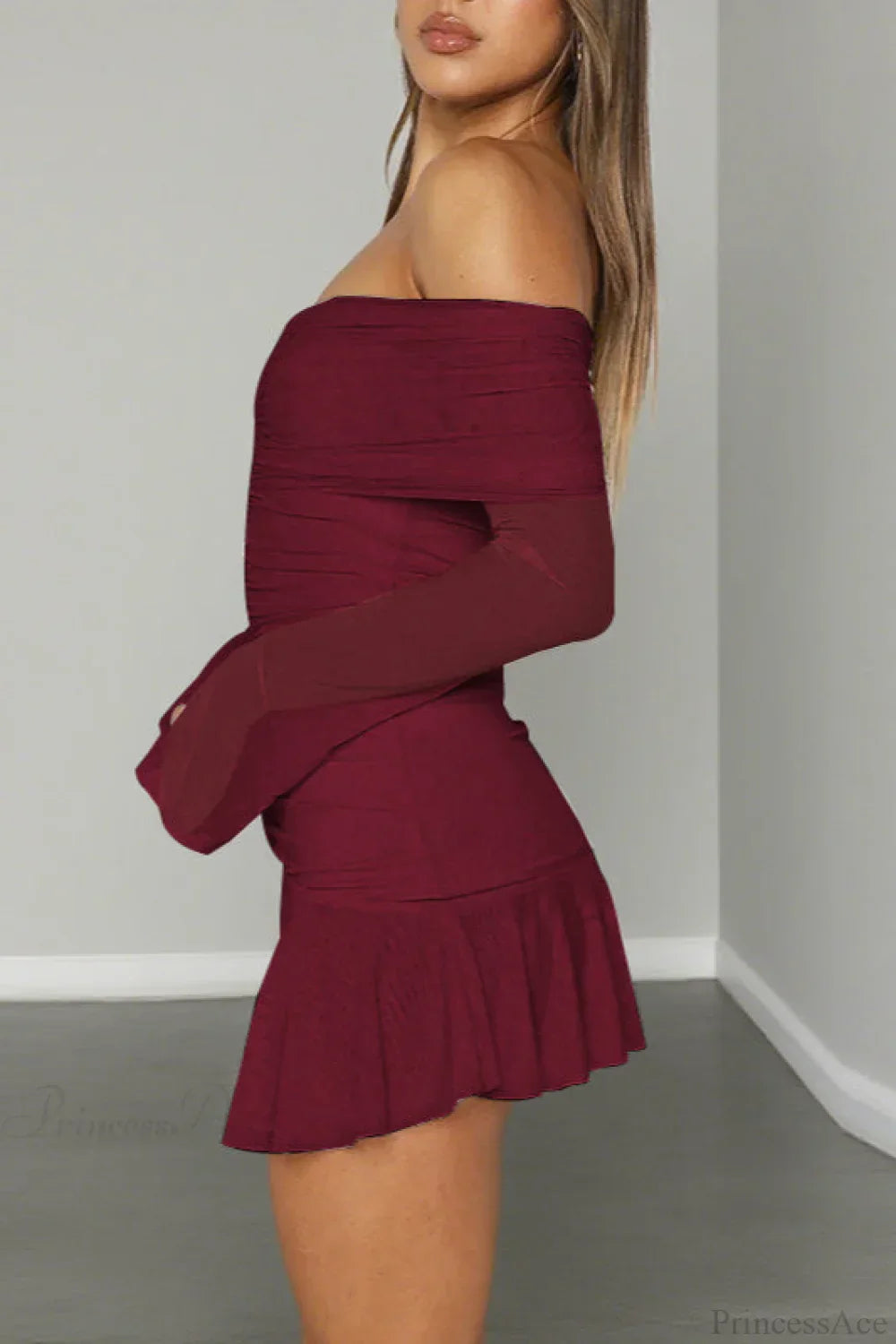 Off Shoulder Ruched Mesh Long Sleeve Flared Mini Dress