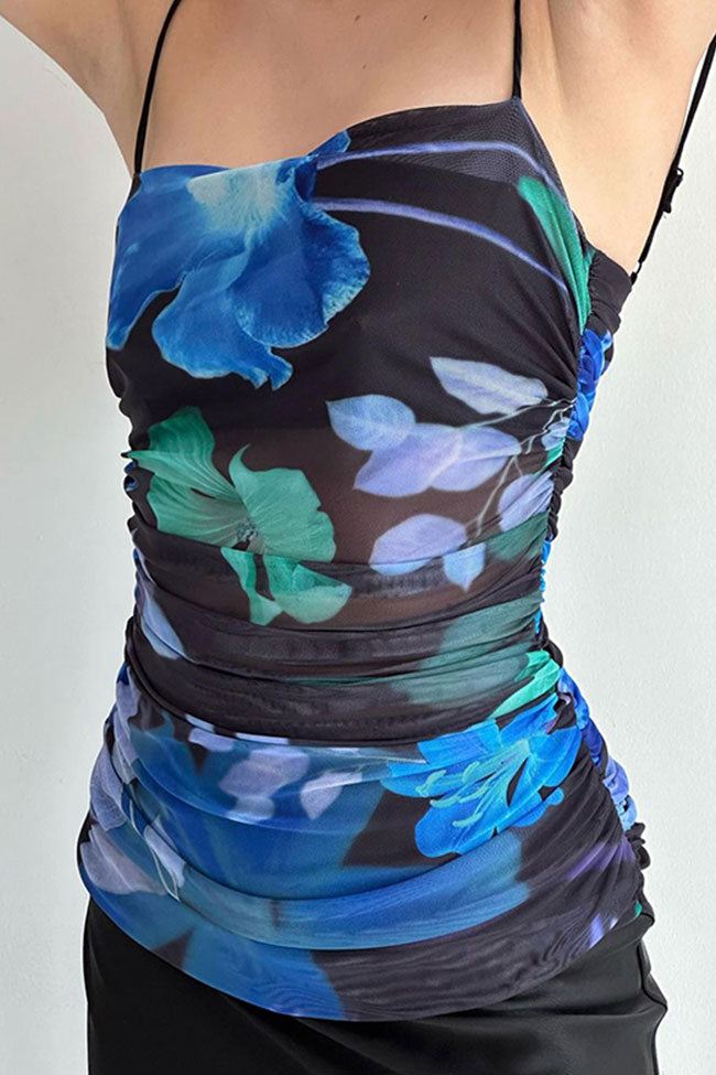 Abstract Floral Ruched Spaghetti Strap Mesh Top and Satin Midi Skirt Set