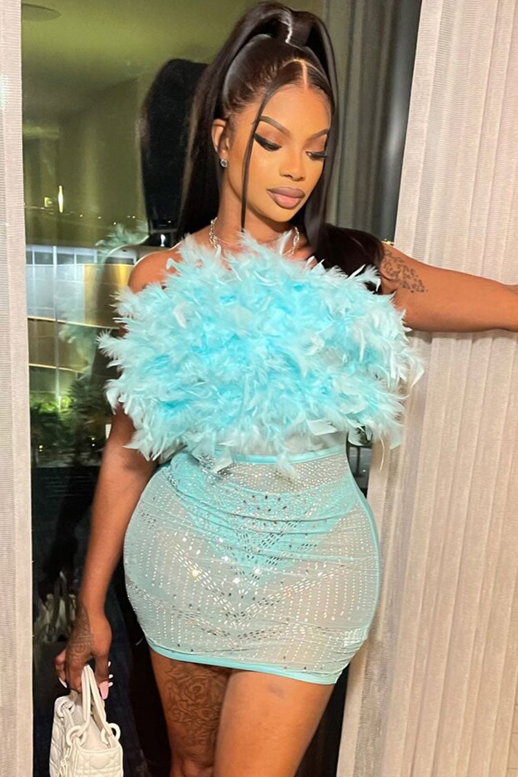 Feather Trim Tube Top Rhinestone Mesh Bodycon Mini Skirt Set