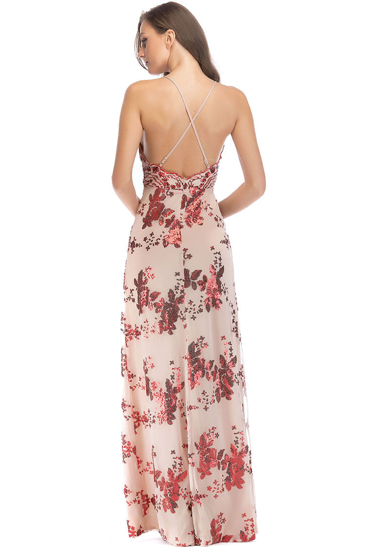 Sequin Lace Deep V-Neck Spaghetti Strap Double High Split Maxi Gown