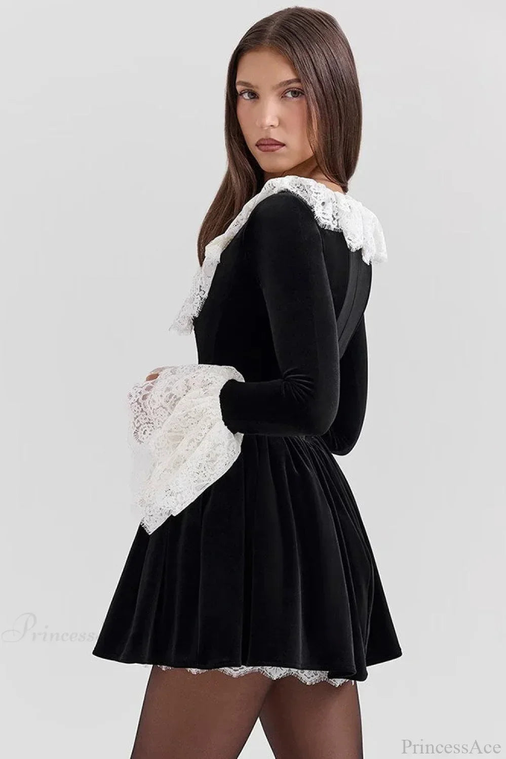 Velvet Square Neck Lace Trim Bell Sleeve Ruffle Skirt Mini Dress