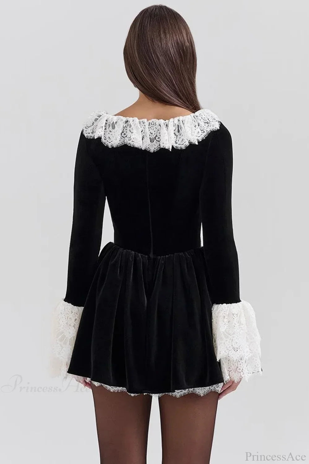Velvet Square Neck Lace Trim Bell Sleeve Ruffle Skirt Mini Dress