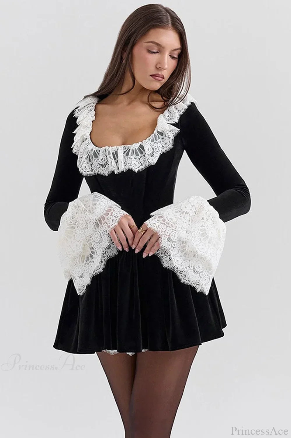 Velvet Square Neck Lace Trim Bell Sleeve Ruffle Skirt Mini Dress