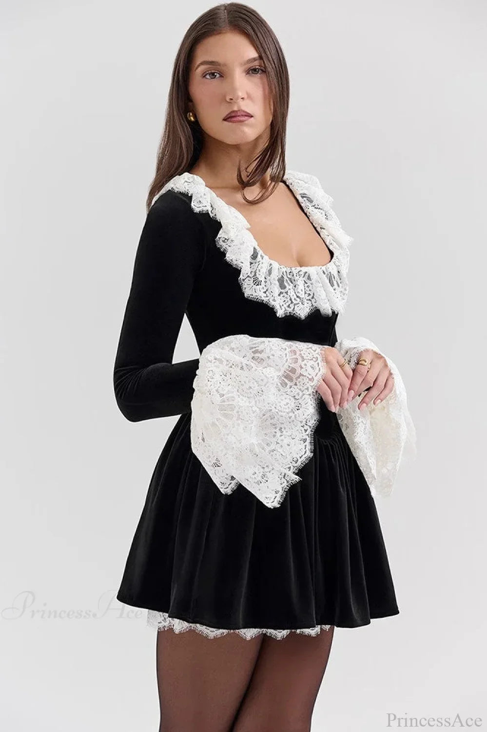 Velvet Square Neck Lace Trim Bell Sleeve Ruffle Skirt Mini Dress