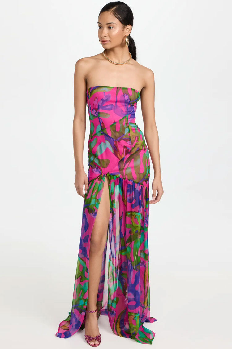 Strapless Abstract Print Drop Waist Ruched High Split Flowy Maxi Dress