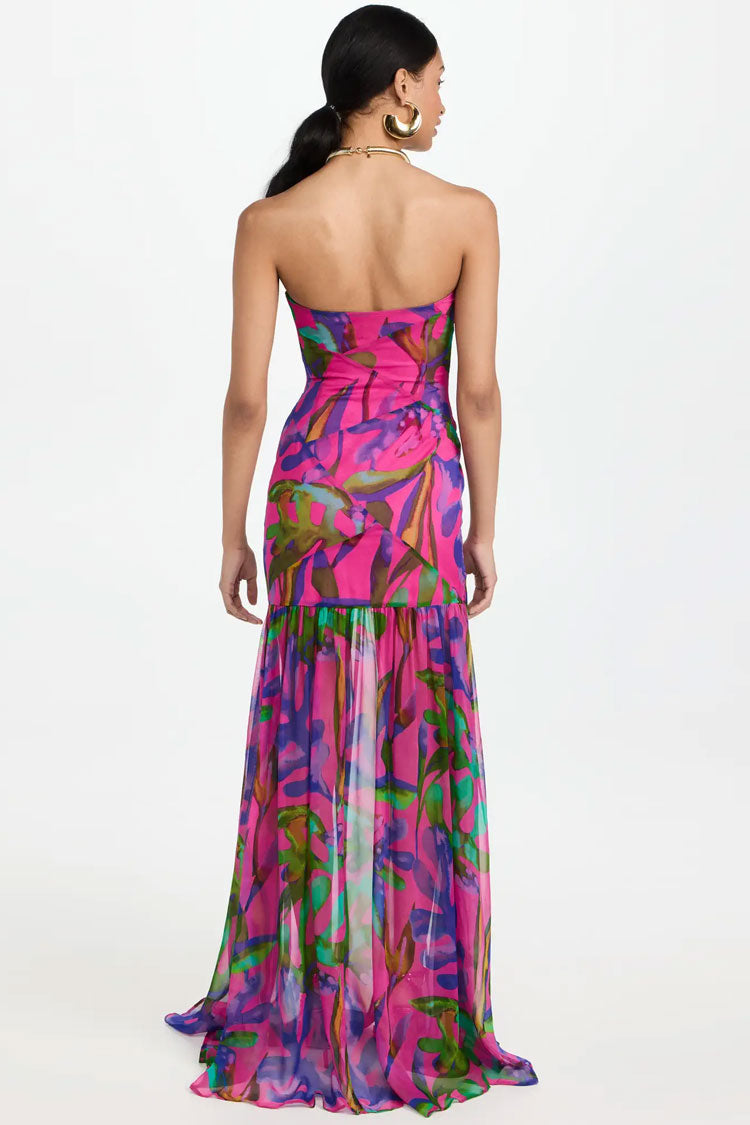 Strapless Abstract Print Drop Waist Ruched High Split Flowy Maxi Dress