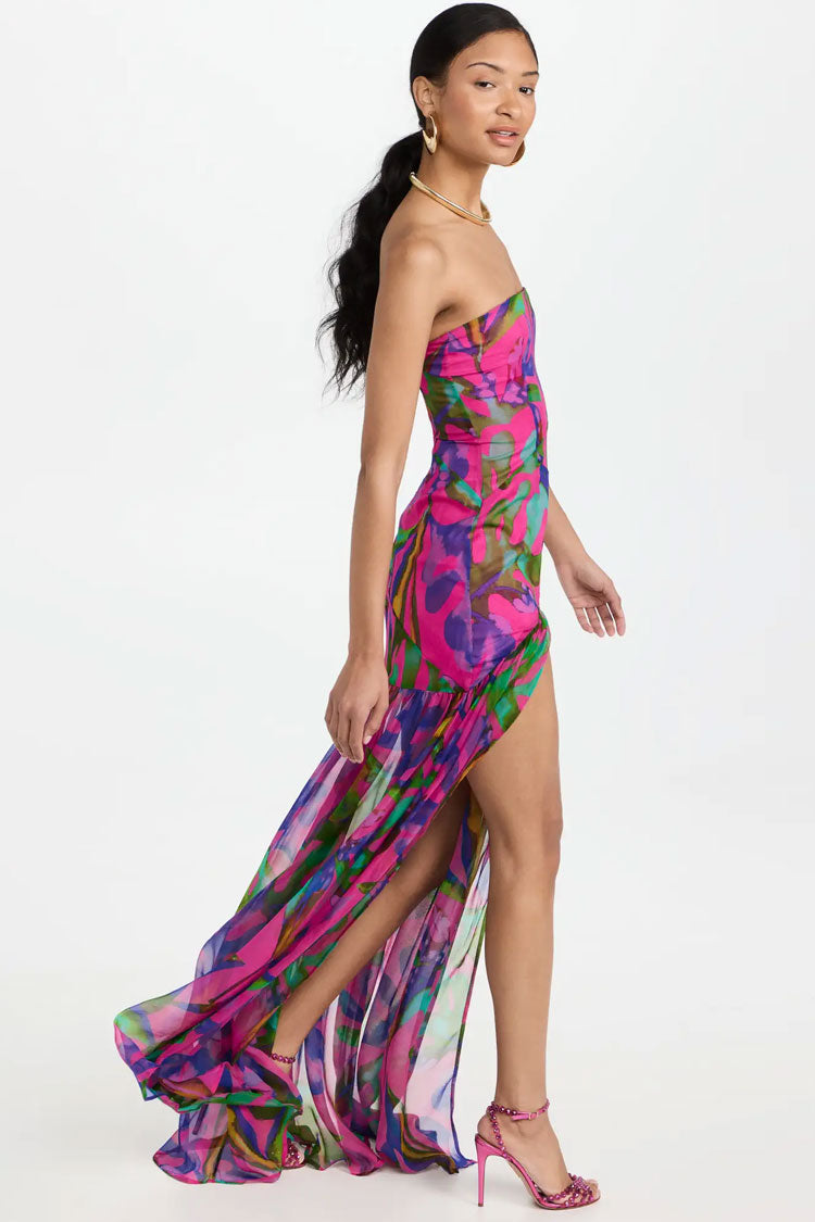 Strapless Abstract Print Drop Waist Ruched High Split Flowy Maxi Dress