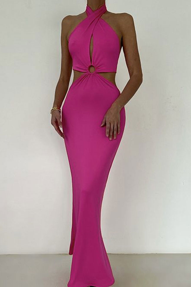 Halter Neck O-Ring Waist Keyhole Side Cutout Bodycon Maxi Dress