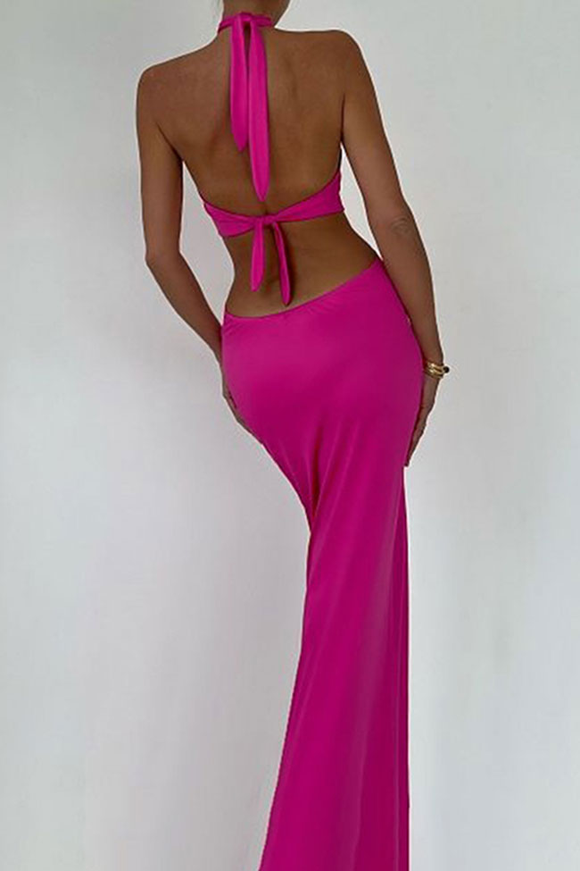 Halter Neck O-Ring Waist Keyhole Side Cutout Bodycon Maxi Dress