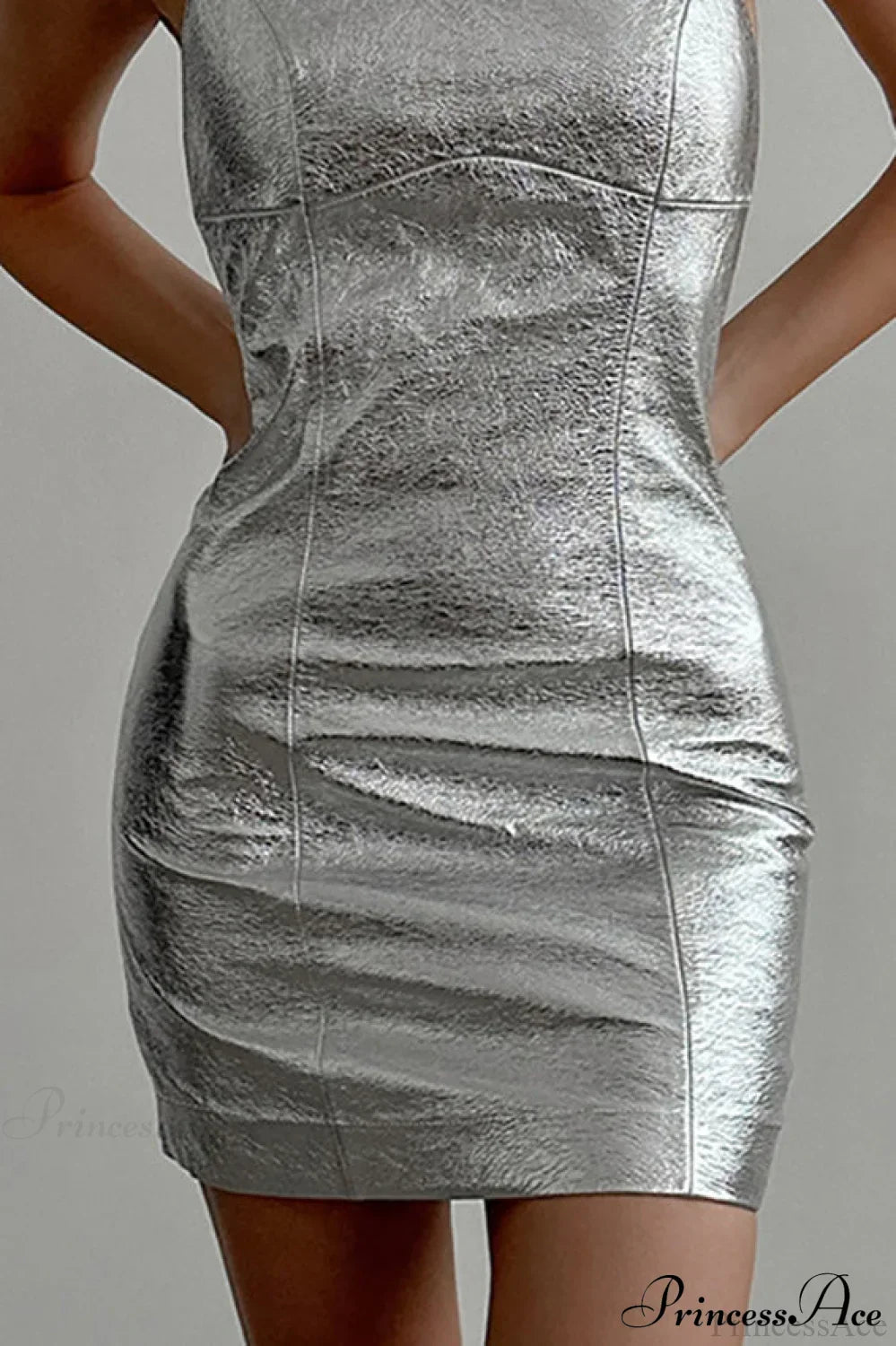 Metallic Crackle Texture Paneled Crew Neck Sleeveless Bodycon Mini Dress