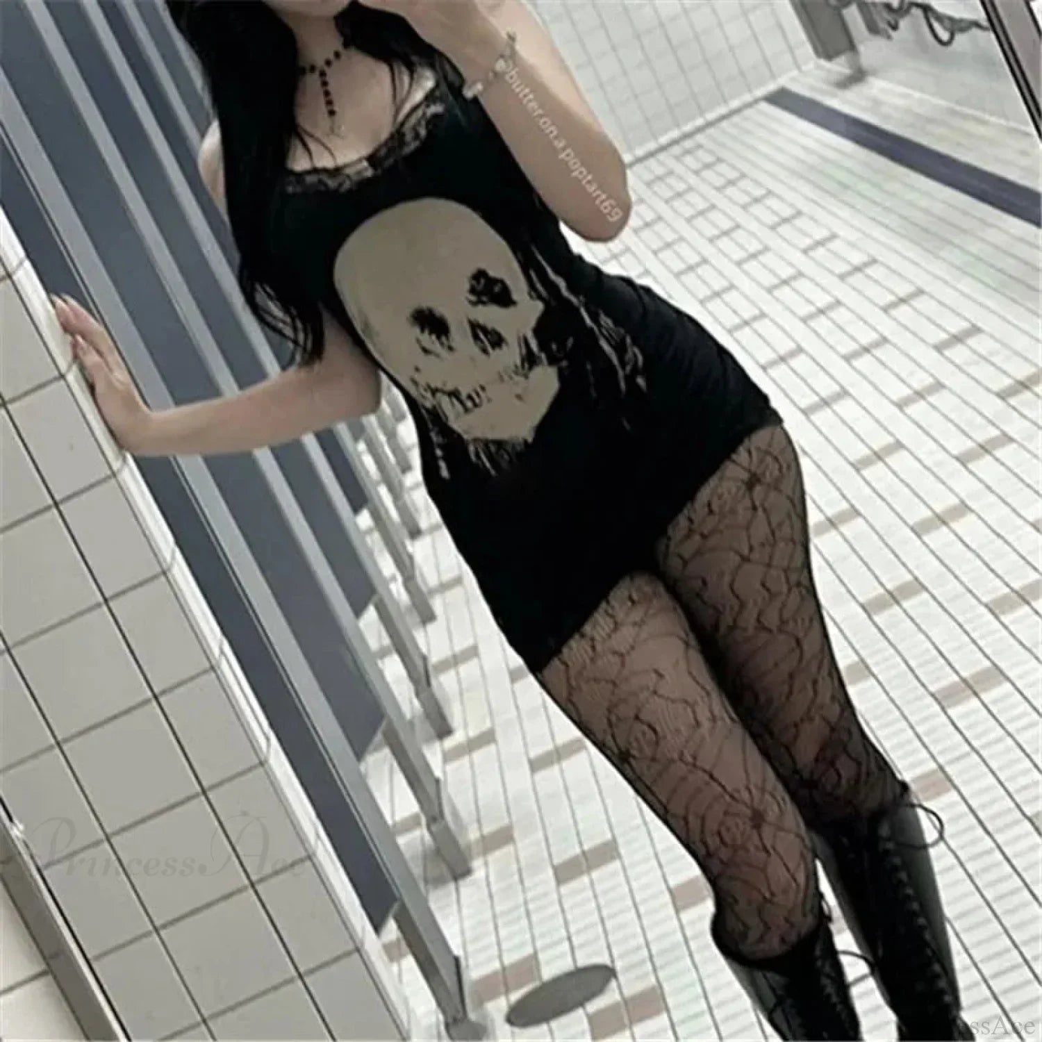 Lace Trim Skull Graphic Spaghetti Strap Mini Dress