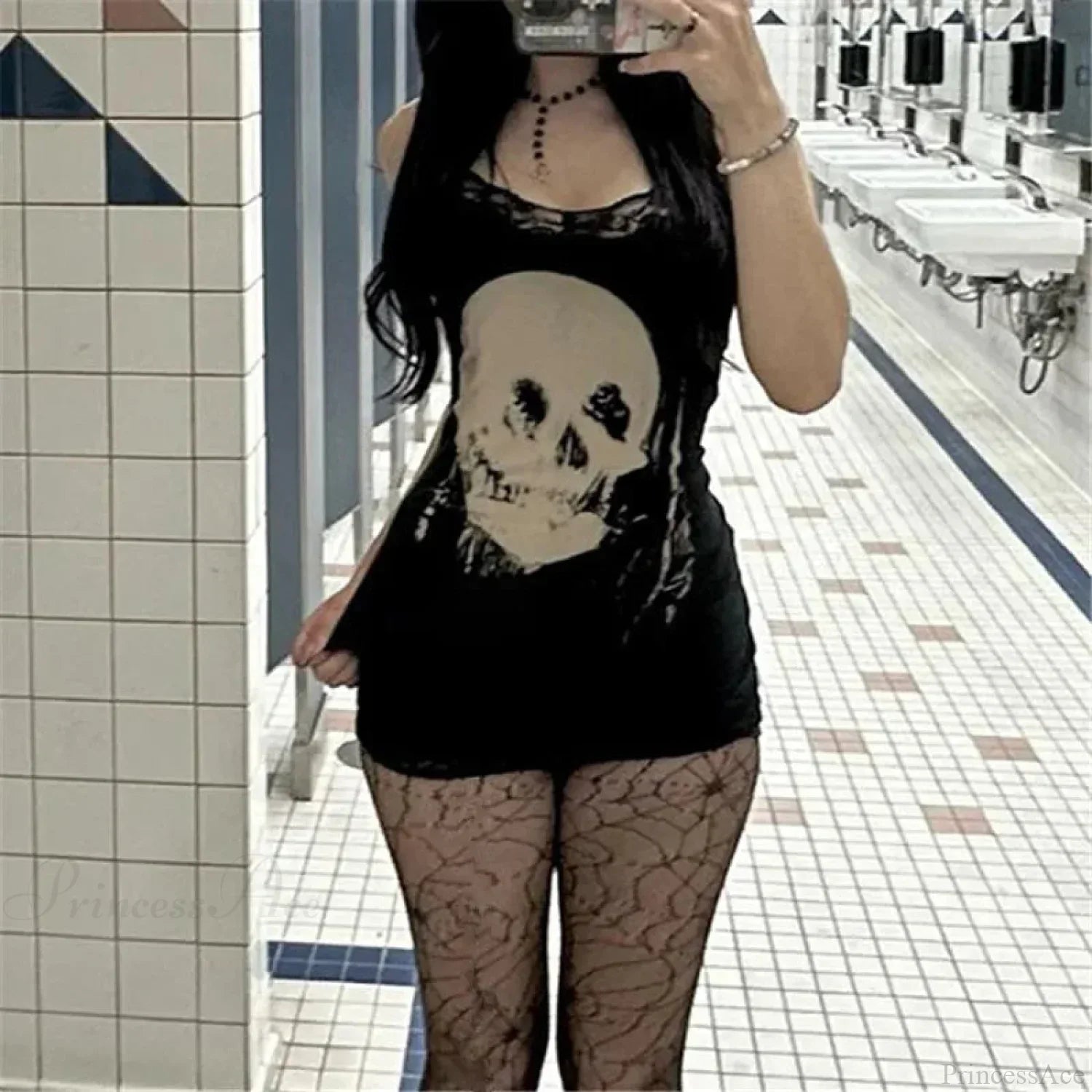 Lace Trim Skull Graphic Spaghetti Strap Mini Dress