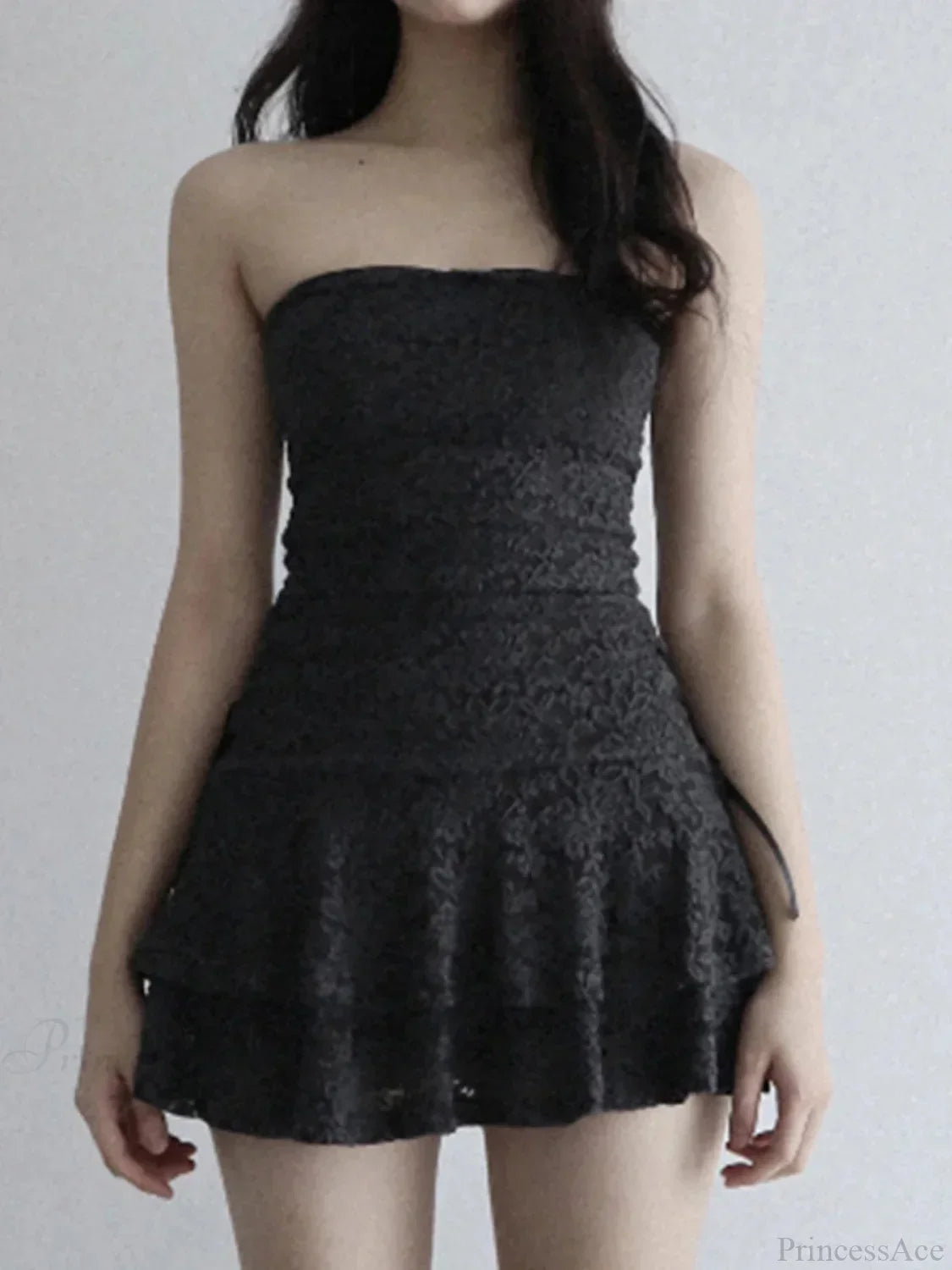 Strapless Ruched Lace Tube Bow-Side Tiered Mini Dress