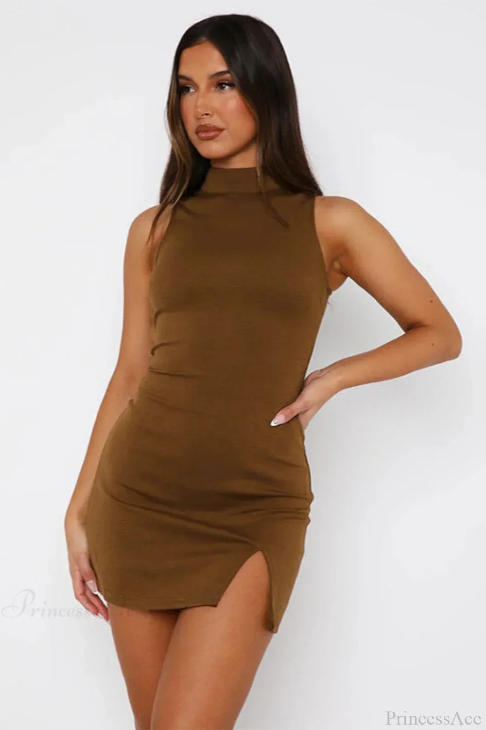 Mock Neck Sleeveless Side Slit Bodycon Mini Dress