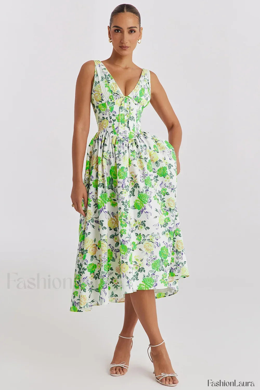 Slimming V-Neck Midi Floral Dress