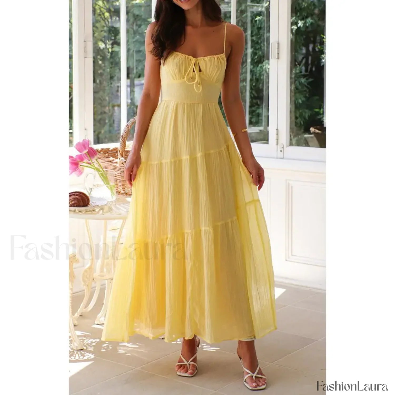 Yellow Smocked Bow-front Midi Dress