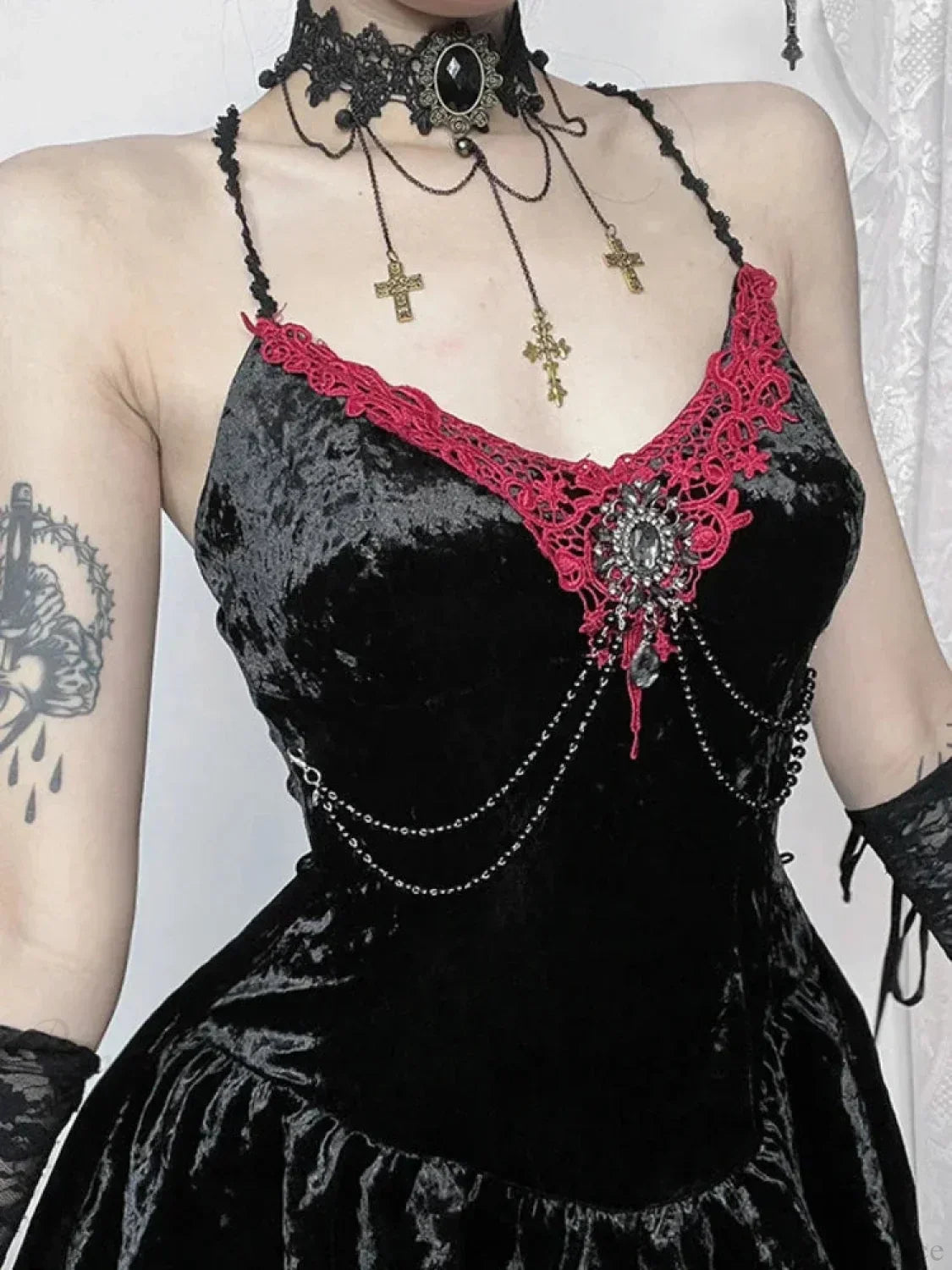 Velvet Lace-Trim Brooch Chain Tiered Ruffled Cami Mini Dress