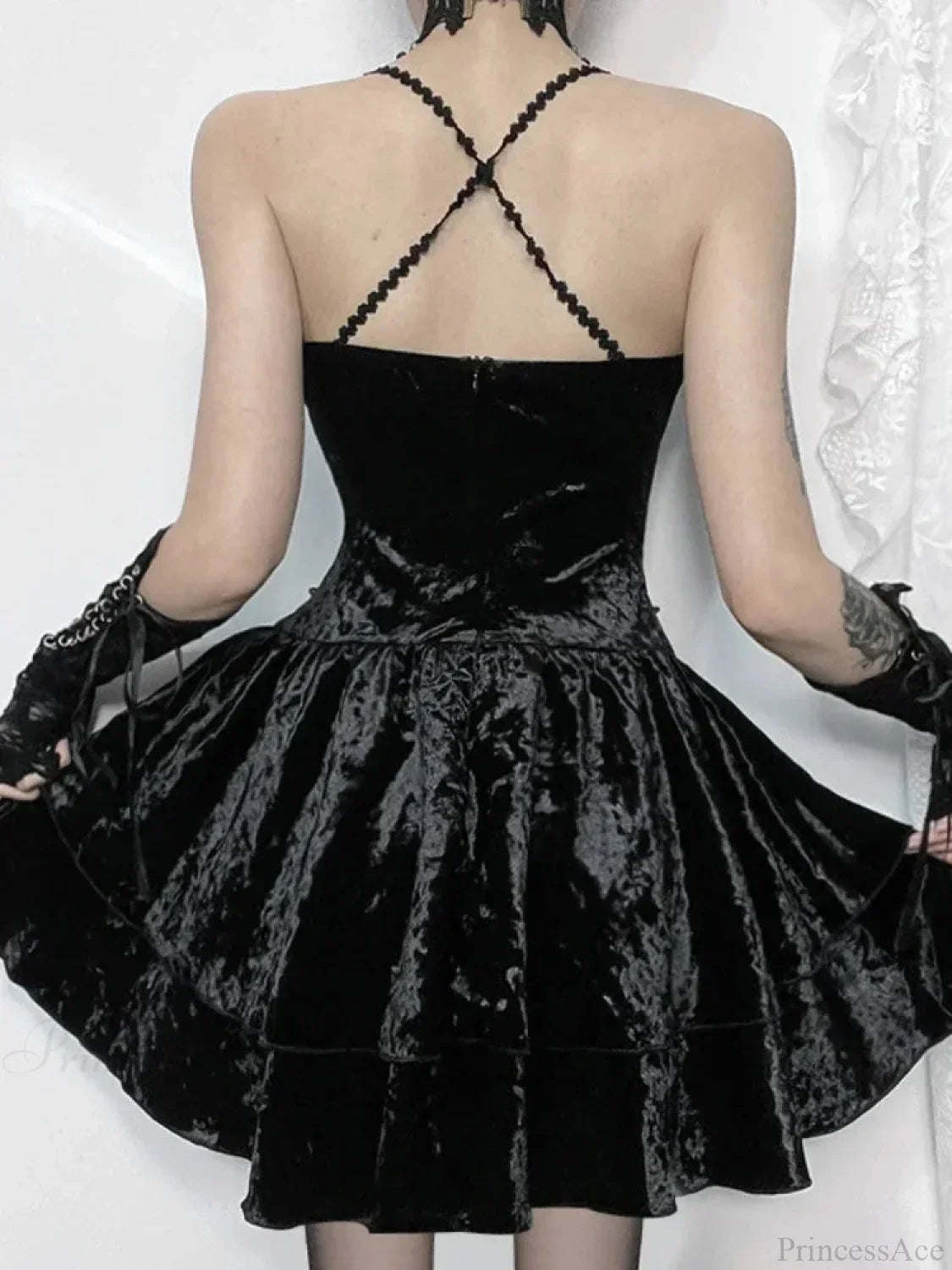 Velvet Lace-Trim Brooch Chain Tiered Ruffled Cami Mini Dress