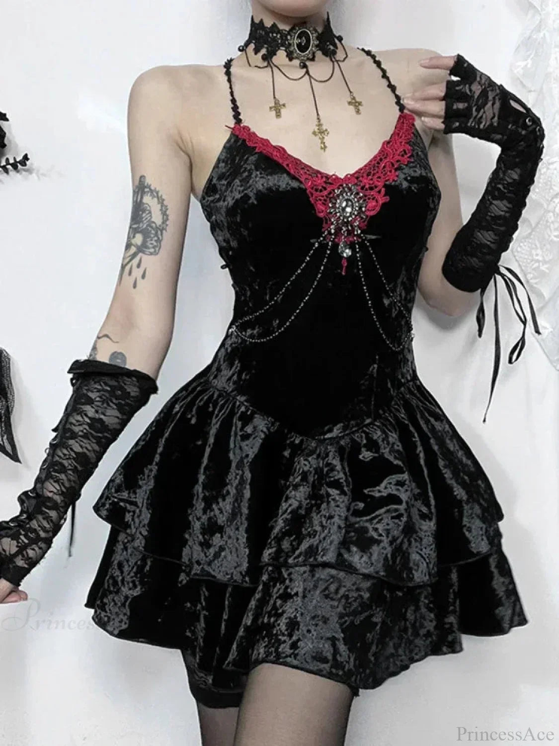 Velvet Lace-Trim Brooch Chain Tiered Ruffled Cami Mini Dress