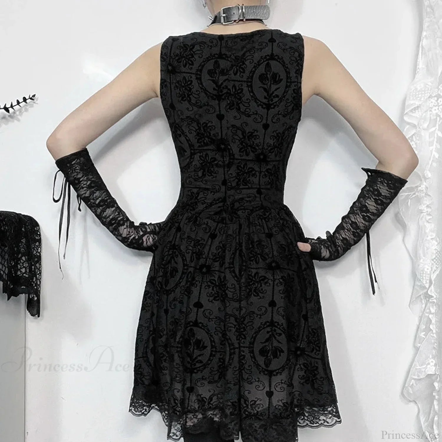 Floral Damask Flocked Square Neck Scallop Lace A-Line Mini Dress