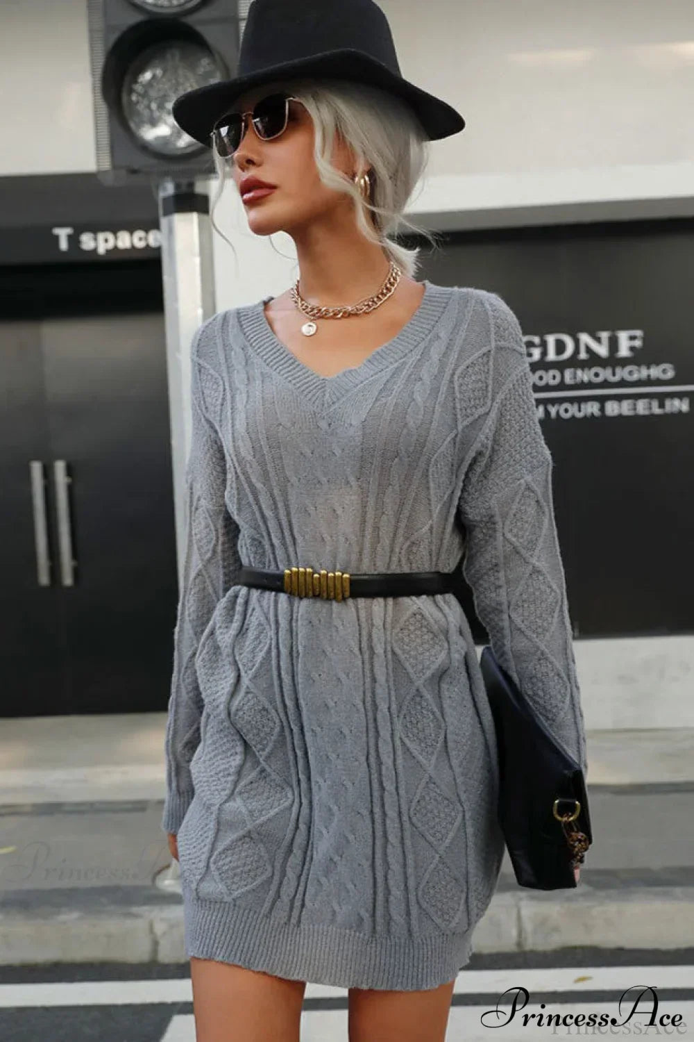 Cable Knit Belted V-Neck Long Sleeve Ribbed Sweater Mini Dress
