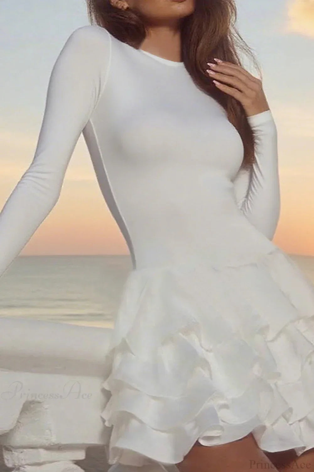 Crew Neck Long Sleeve Tiered Ruffle Puff Mini Dress