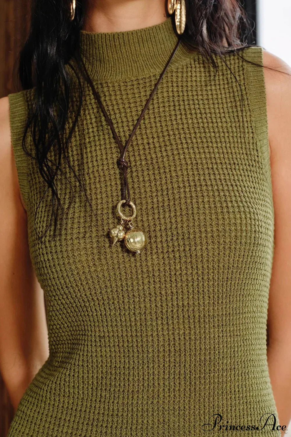 Mock Neck Waffle Knit Fringe Hem Sleeveless Bodycon Mini Dress