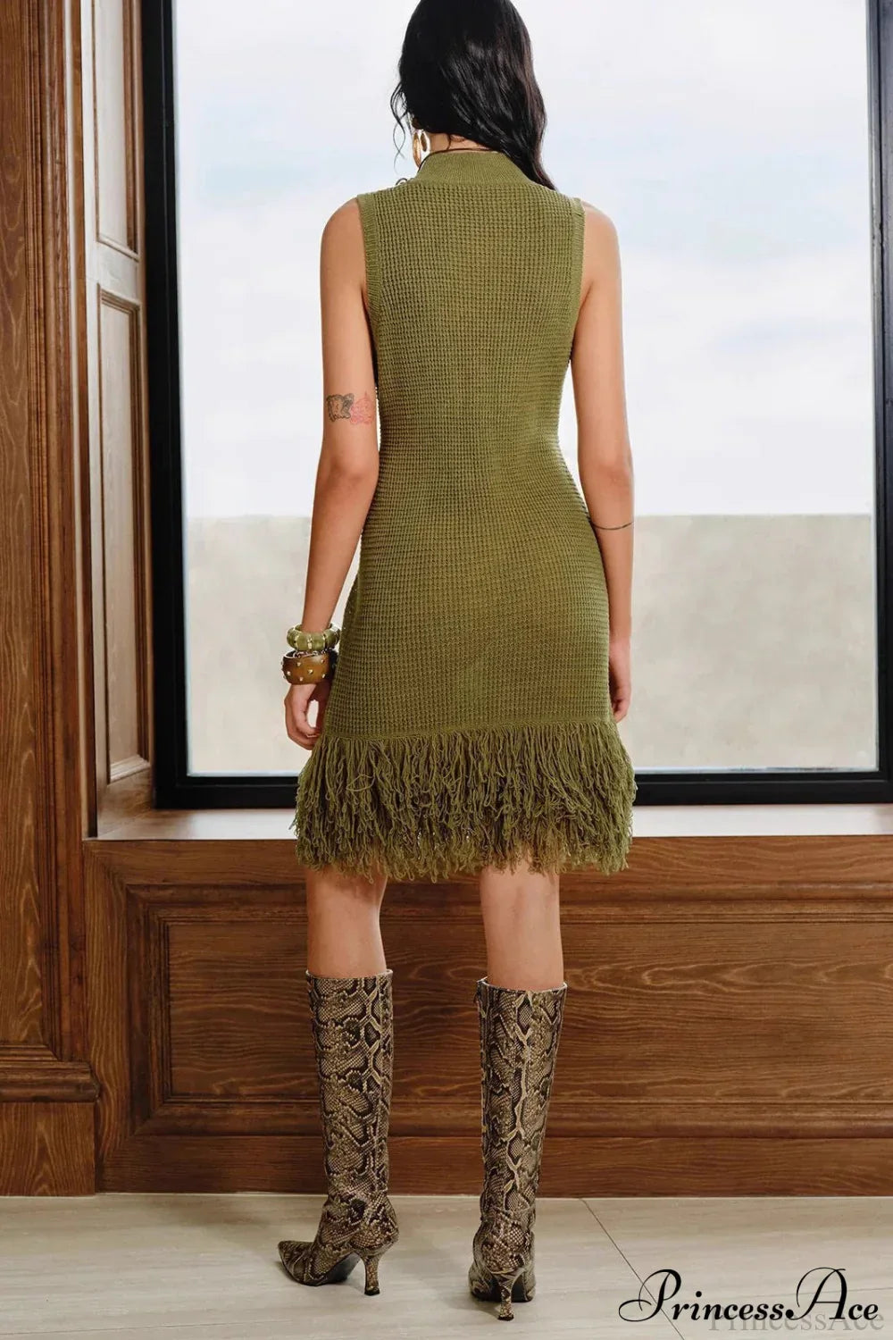 Mock Neck Waffle Knit Fringe Hem Sleeveless Bodycon Mini Dress