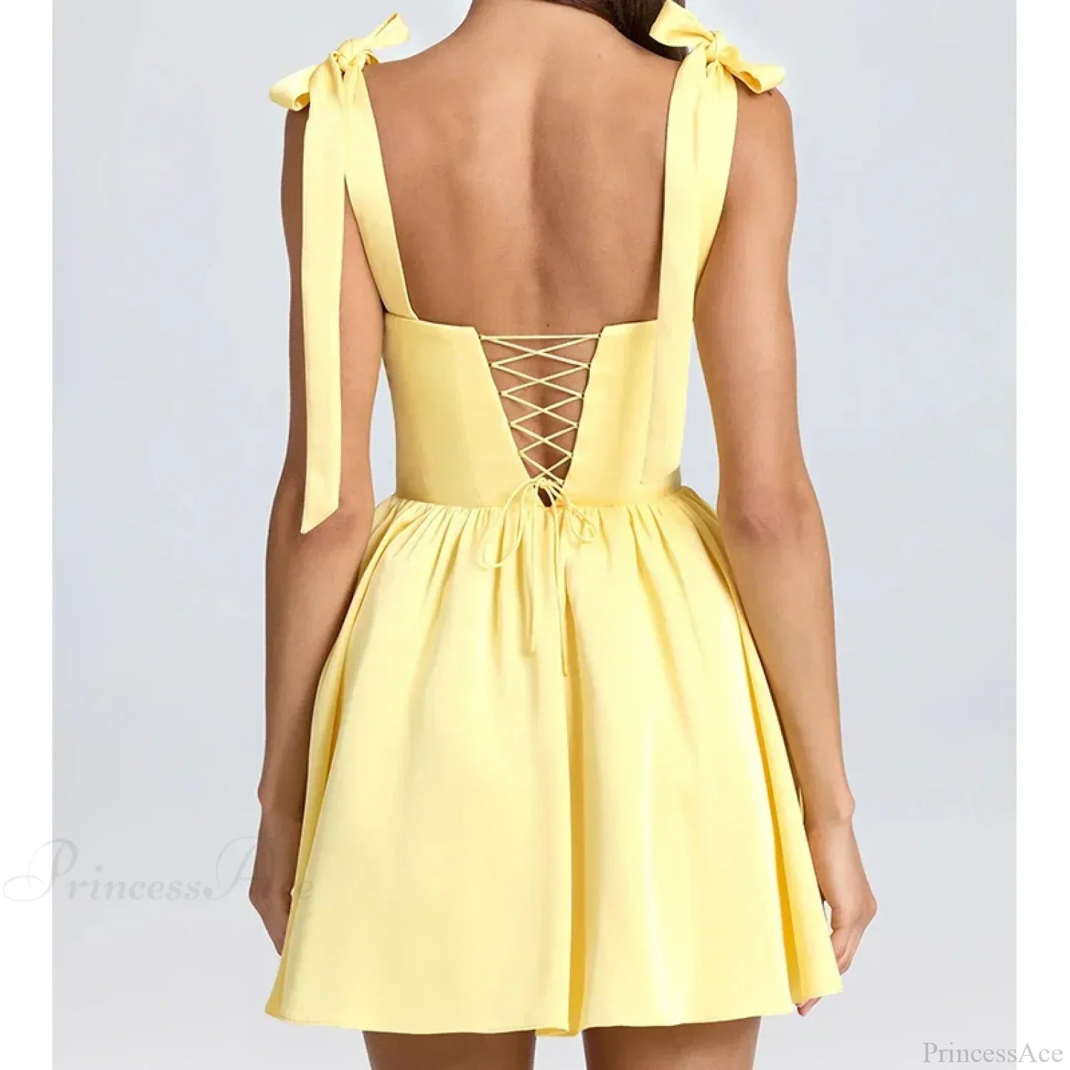 Tie Shoulder Bow Square Neck Basque Waist Skater Mini Dress