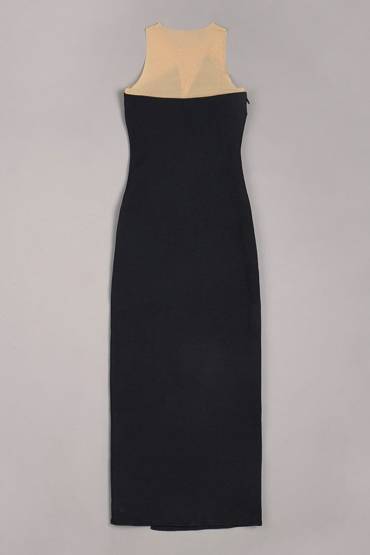 One-Shoulder Rhinestone Crocodile Applique Mesh Panel High Slit Maxi Dress