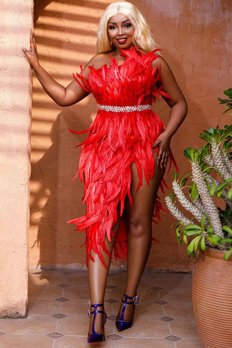One Shoulder Feather Trim Rhinestone Belt Asymmetric Hem Mini Dress