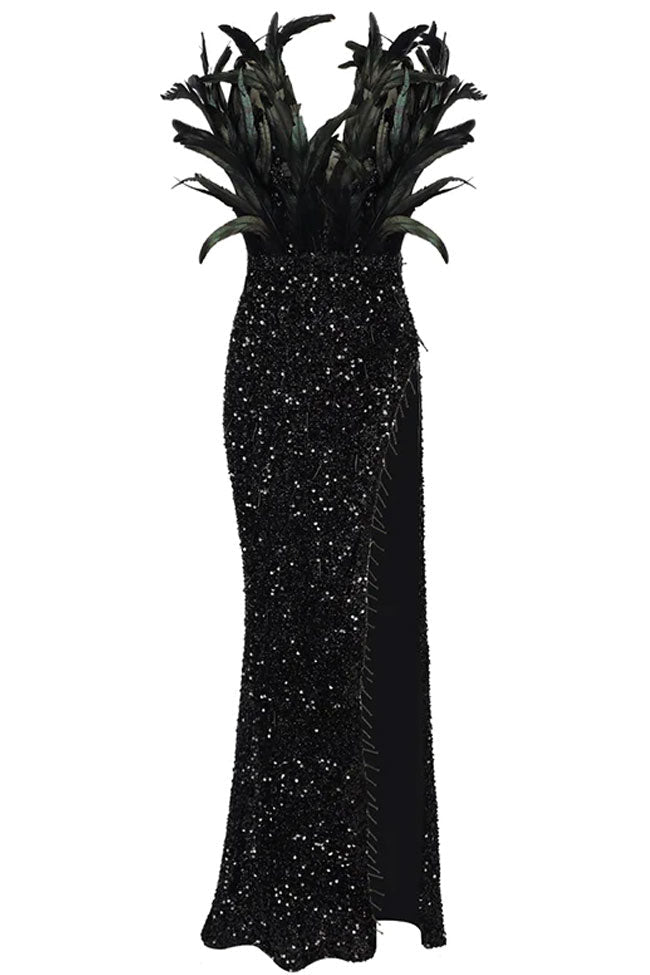 Feather Trim Deep V-Neck Sequin Thigh Split Maxi Gown