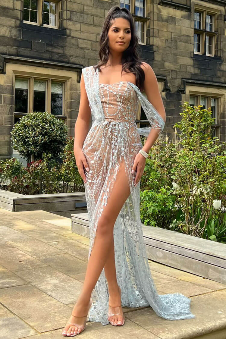 One-Shoulder Sheer Mesh Sequin Cape Sleeve High Split Maxi Gown