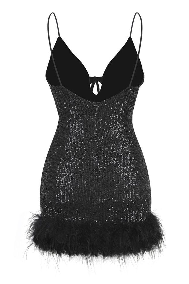 Sequin Halter Criss-Cross Strap Deep V-Neck Feather Trim Bodycon Mini Dress