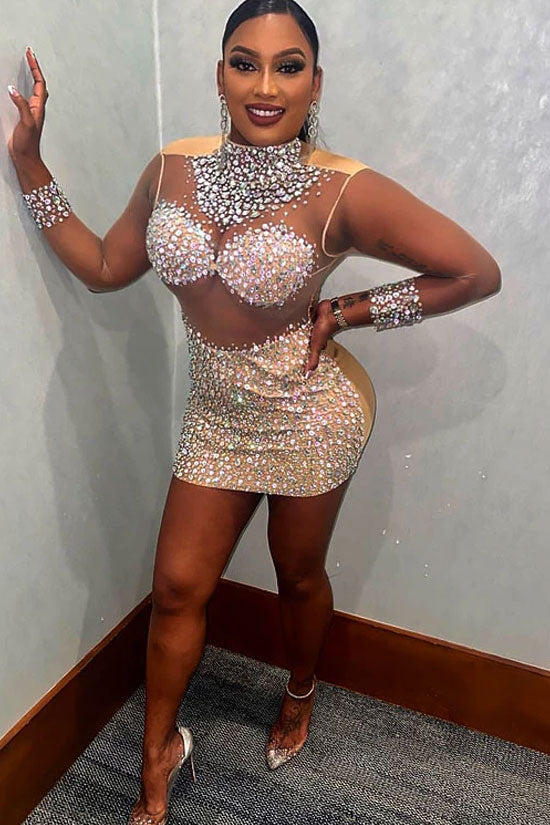 Mock Neck Long Sleeve Rhinestone Panel Sheer Mesh Bodycon Mini Dress