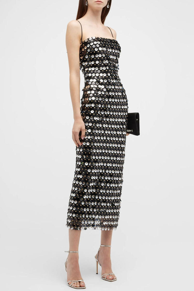 Large Disc Sequin Square Neck Spaghetti Strap Bodycon Midi Dress