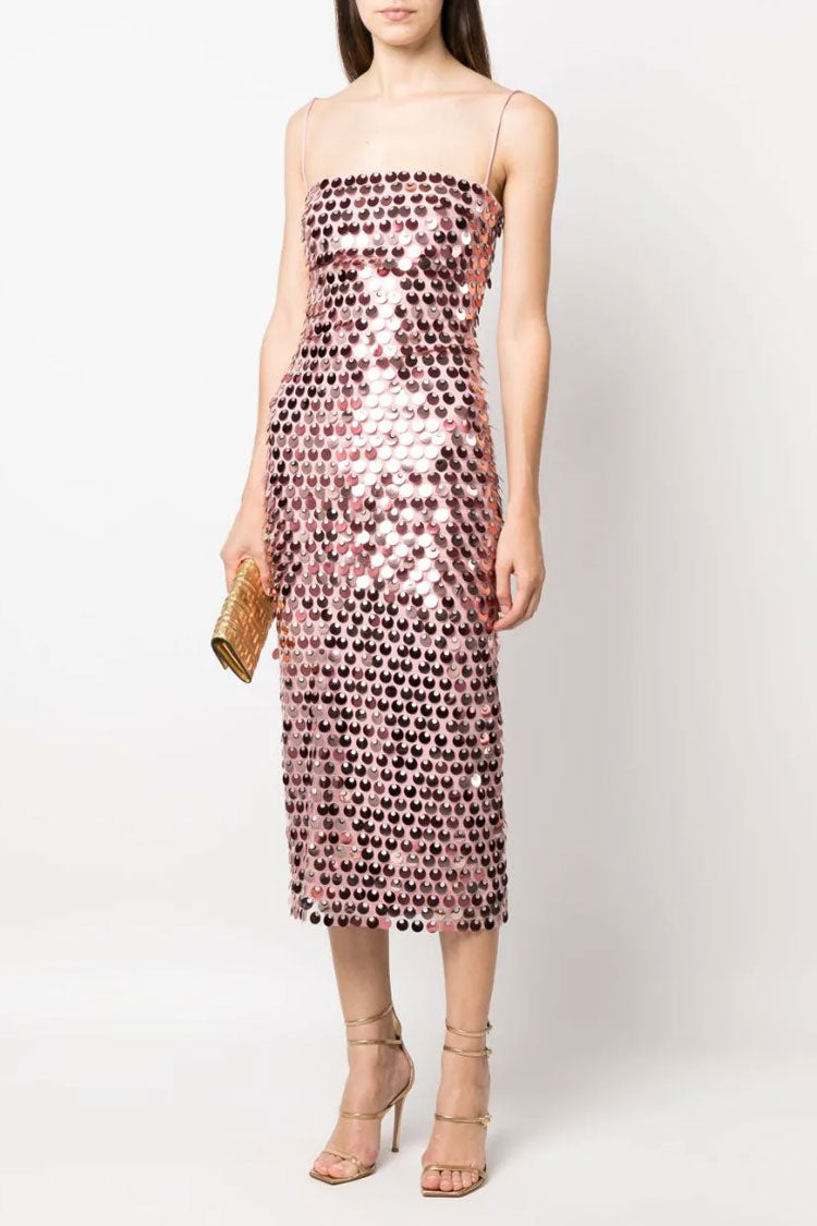 Large Disc Sequin Spaghetti Strap Bodycon Column Midi Dress