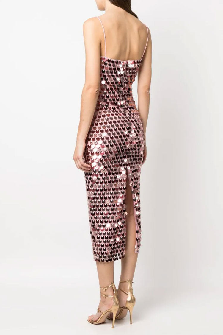 Large Disc Sequin Spaghetti Strap Bodycon Column Midi Dress