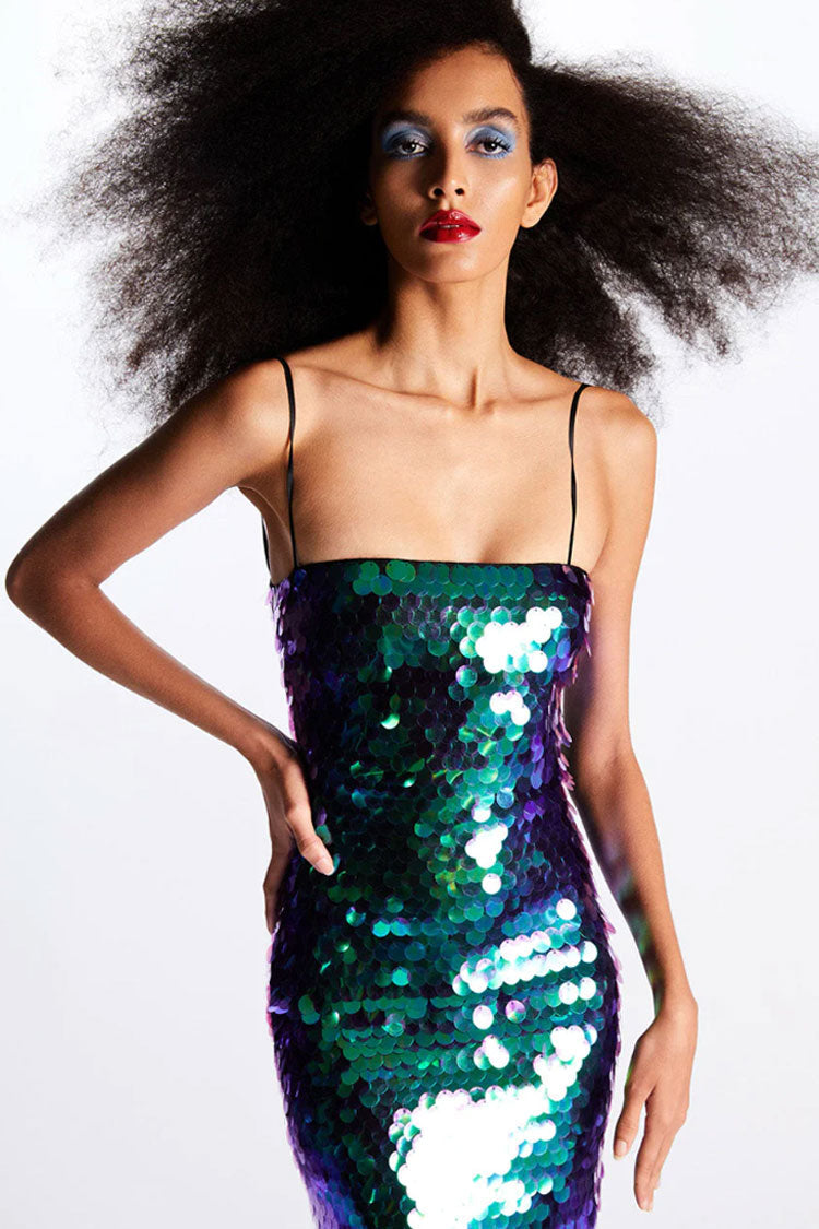 Large Disc Sequin Square Neck Spaghetti Strap Column Midi Dress